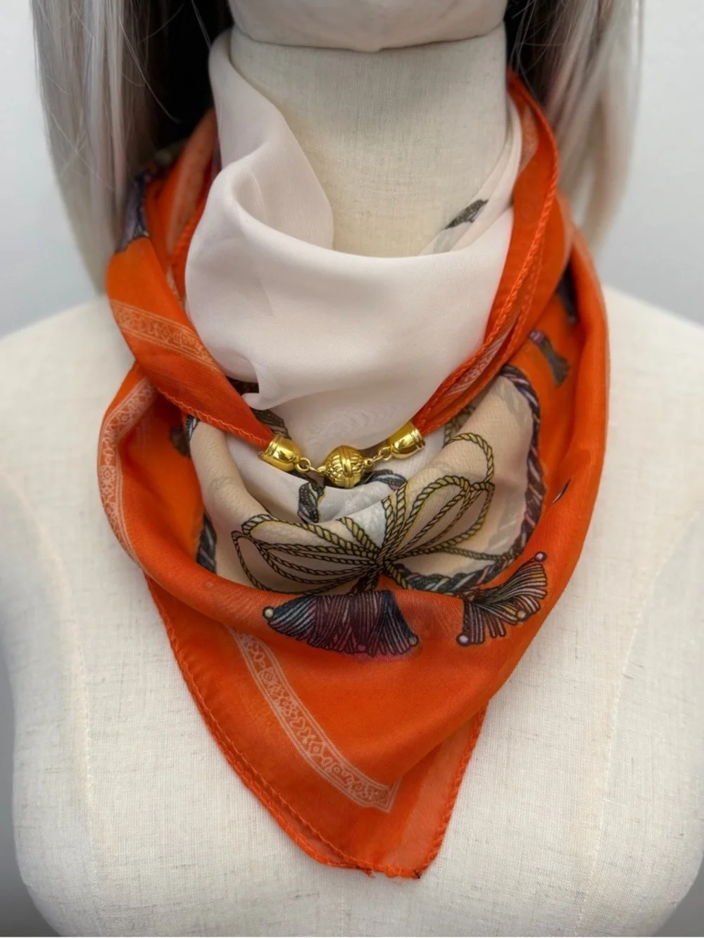 Orange Square Scarf Rope & Tassel Print Magnetic Corners 23” Luxury
